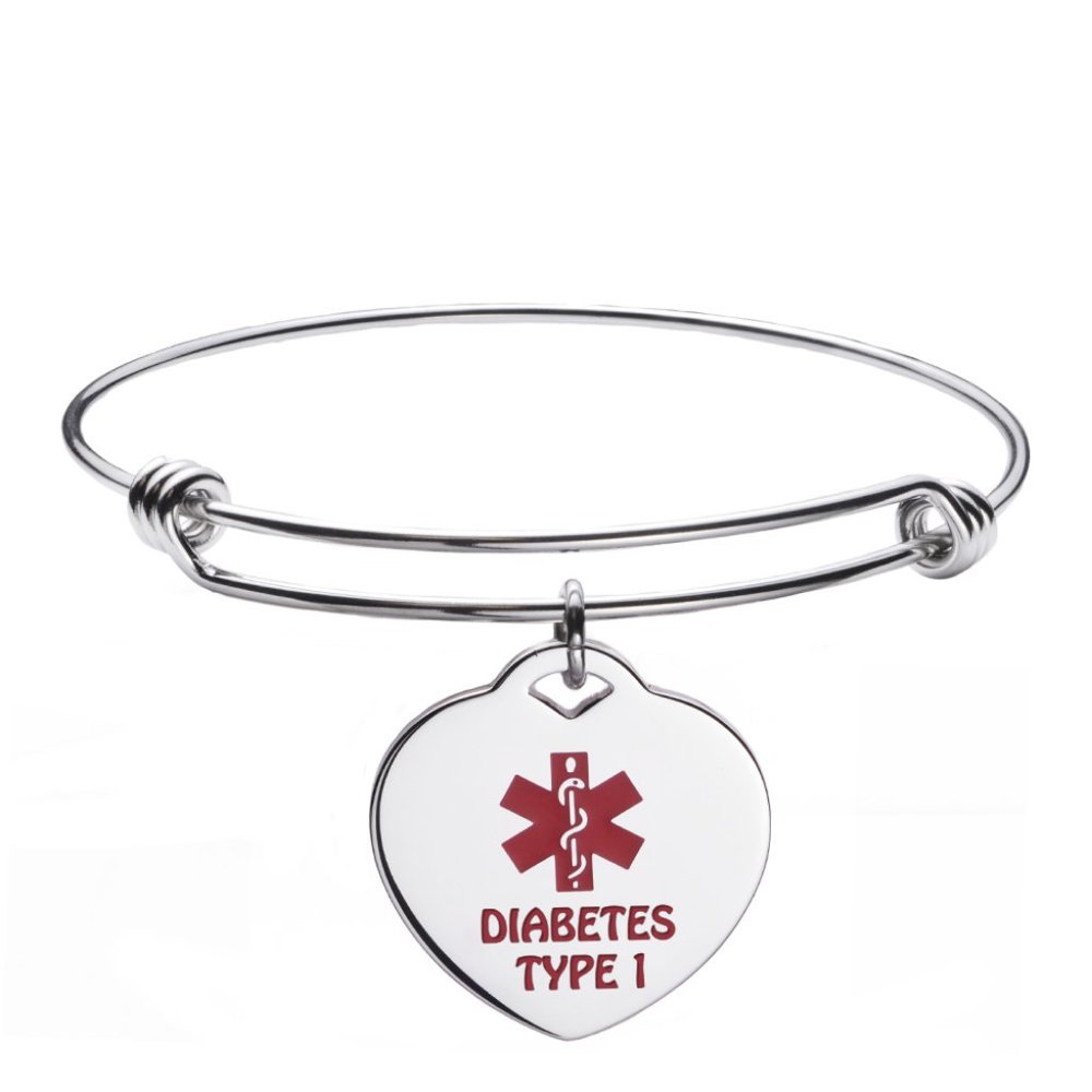 Diabetes Type 1 Heart Charm Bangle Medical Id Bracelet NEW!